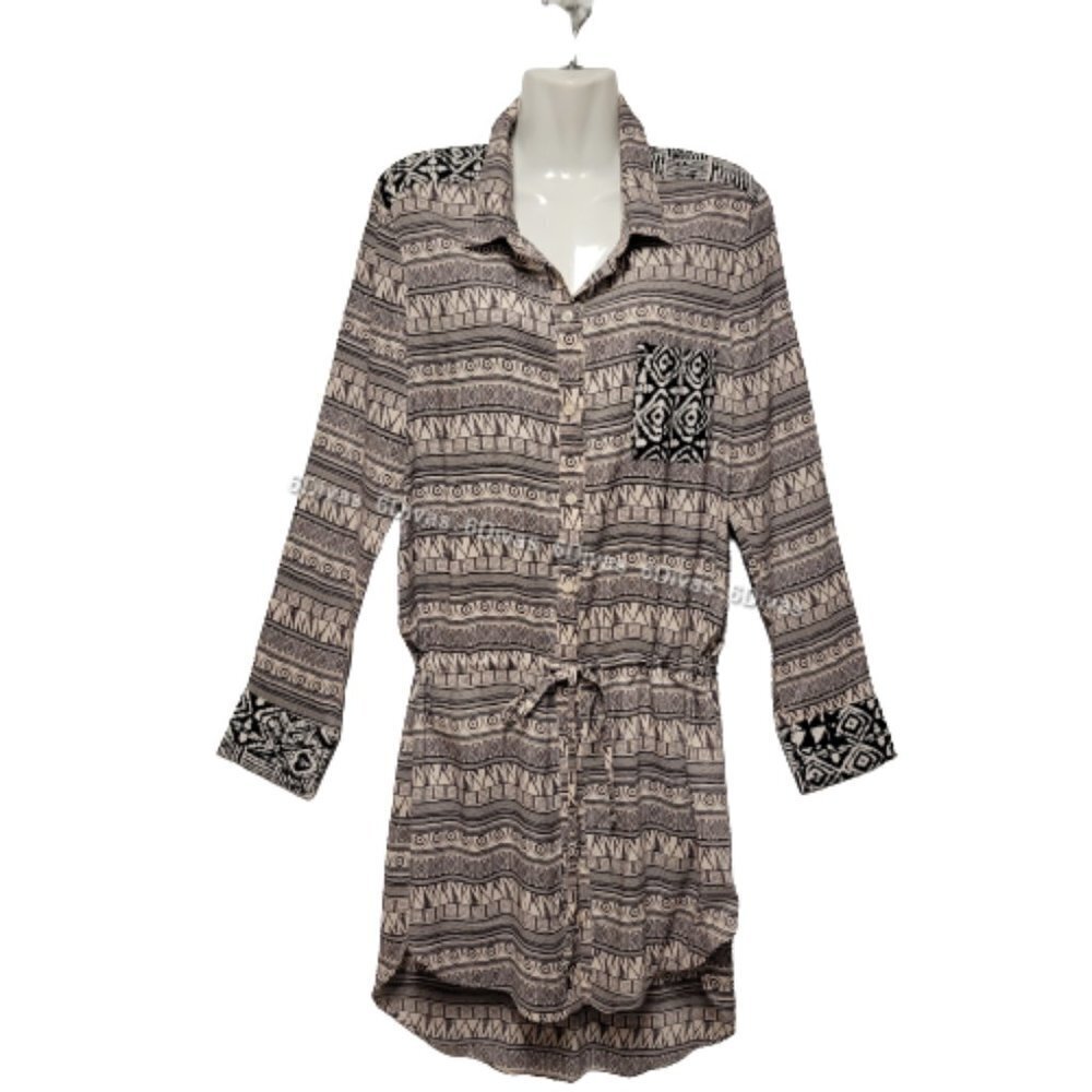 Black And White Long Sleeve Rayon Shirt Dress- Size S, Size L